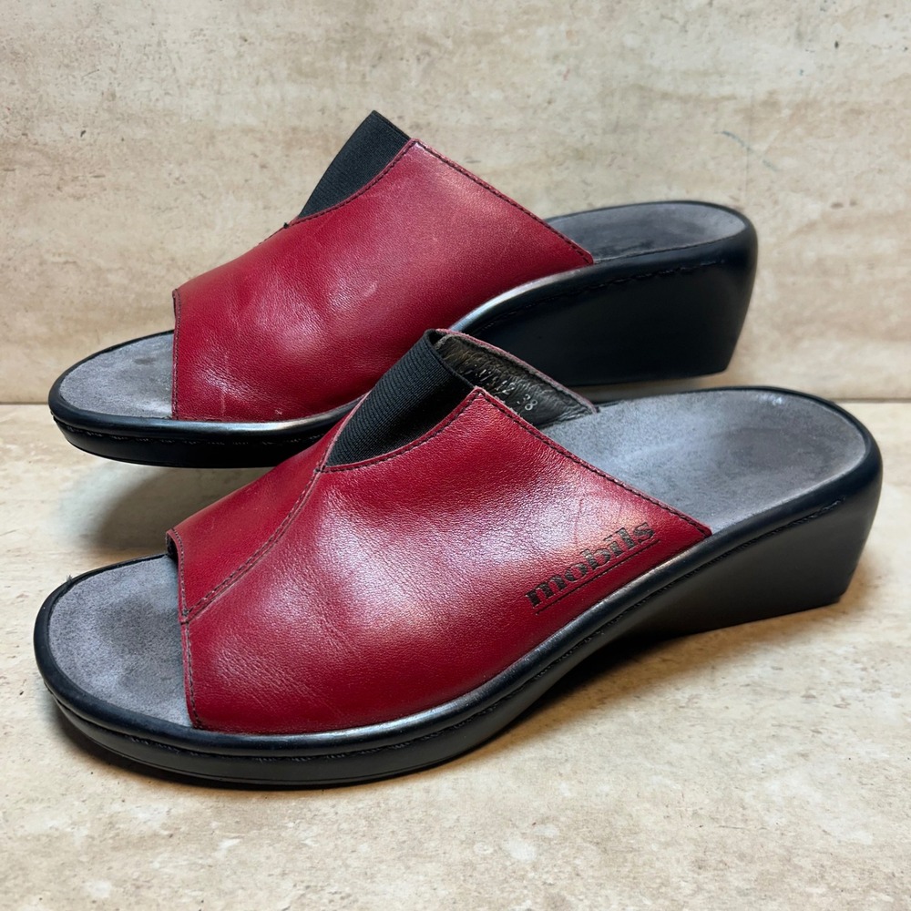 Mephisto Mobils‎ Red Leather Wedge Slide Sandals Made in France Womens 38 US 8